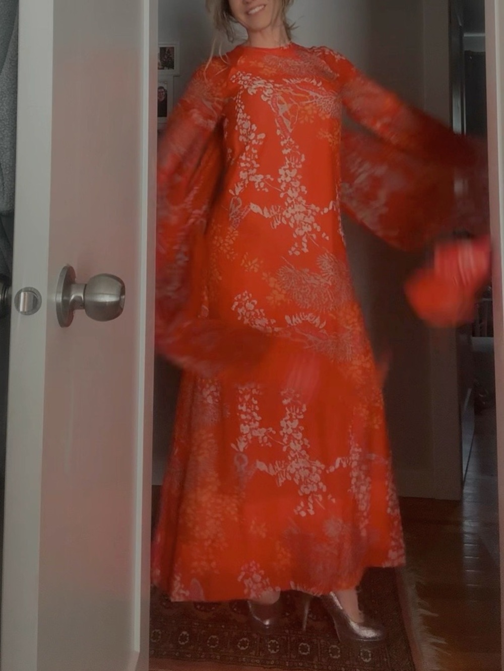 Vintage 1960s Andrade Bell Sleeve Red Floral Long Sleeve Long Panel Maxi Dress